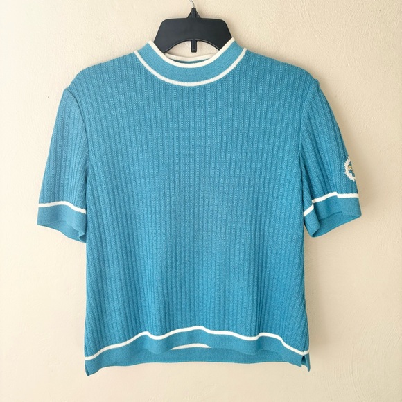 St. John Sweaters - St John Sport Light Blue Mock Neck Ribbed Short Sleeve Sweater
